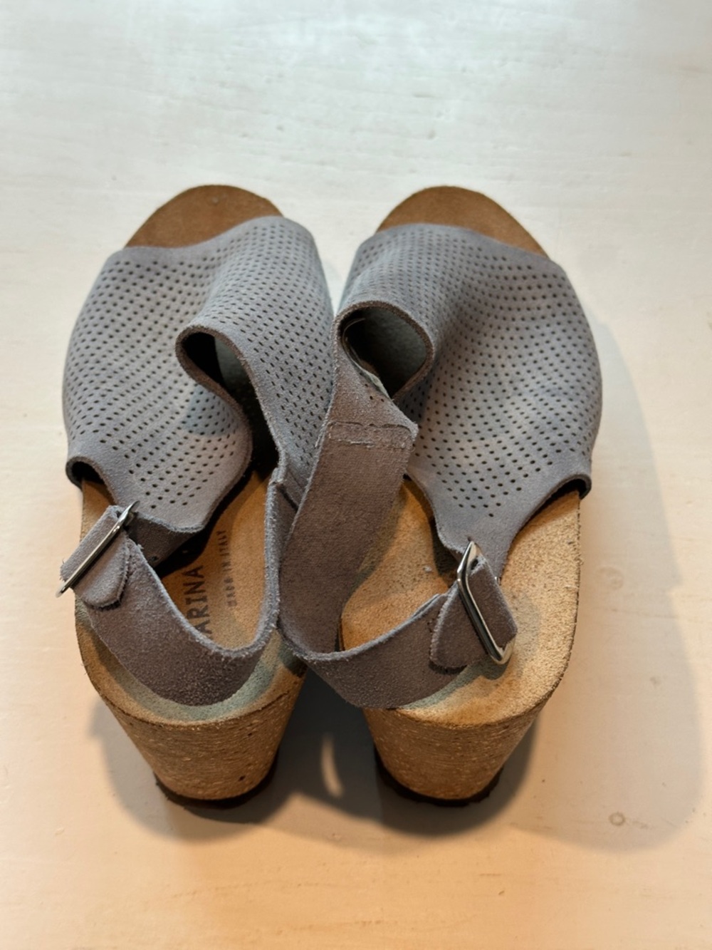 Marina Luna Gray Leather Perforated Peep-Toe Slingback Sandals - Picture 7 of 8
